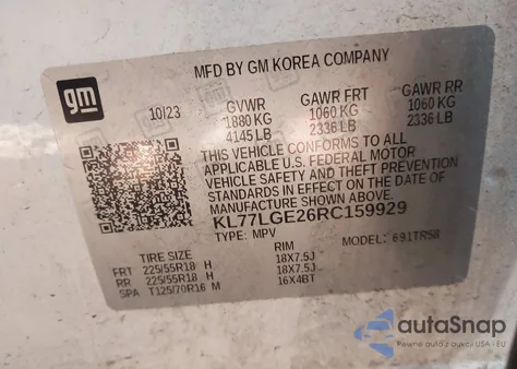 2024 Chevrolet Trax Fwd 1Rs z USA, uszkodzony, nr VIN KL77LGE26RC159929